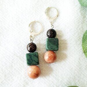 Emerald & Sunstone Earrings, Boho Stone Dangles, Artsy Geometric Jewelry, Goblin